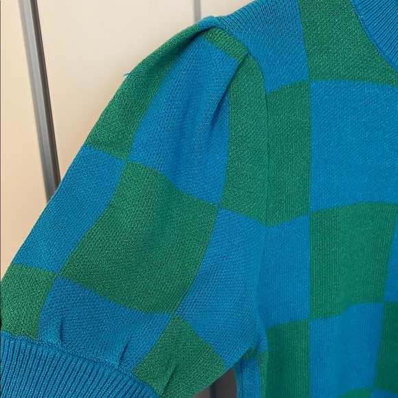 Women’s Crew Neck Short Sleeve Sweater - Blue and Green Checkered Top - Picture 4 of 8